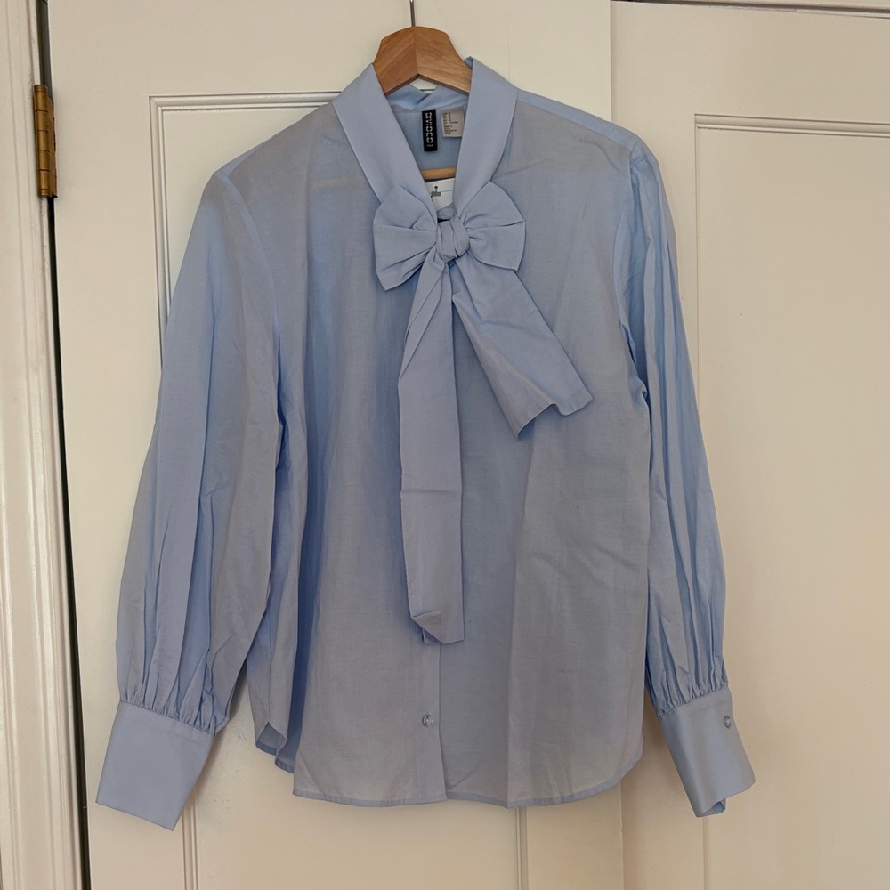 H&M Light Blue Bow Tie Button-Down Blouse